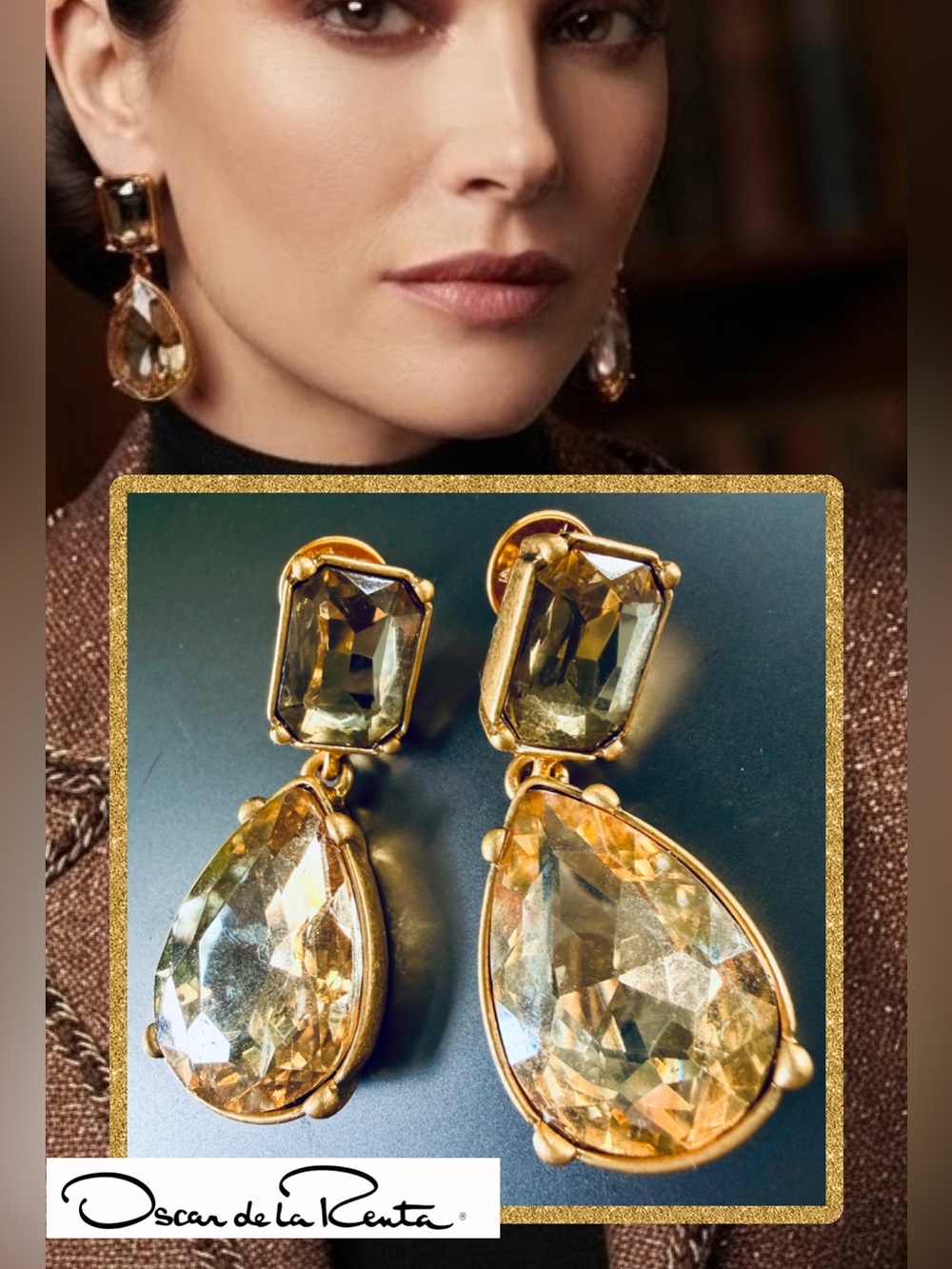 Oscar de la Renta Gold-Tone Crystal Drop Earrings✨TOPAZ SHADES✨POST BACK✨SIGNED